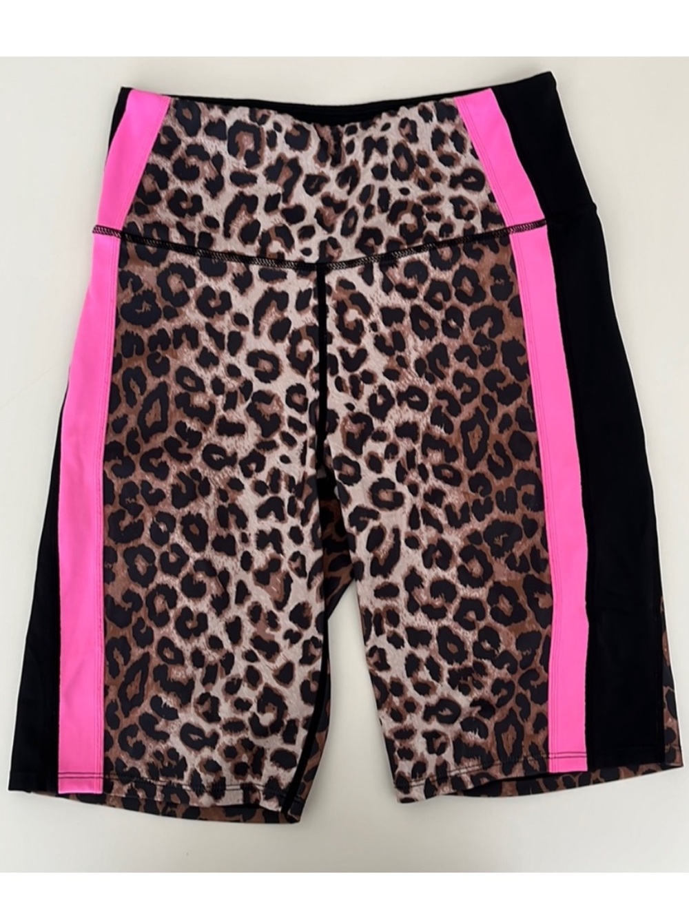 Veronica Beard x Bandier black neon pink leopard print mid thigh biker shorts